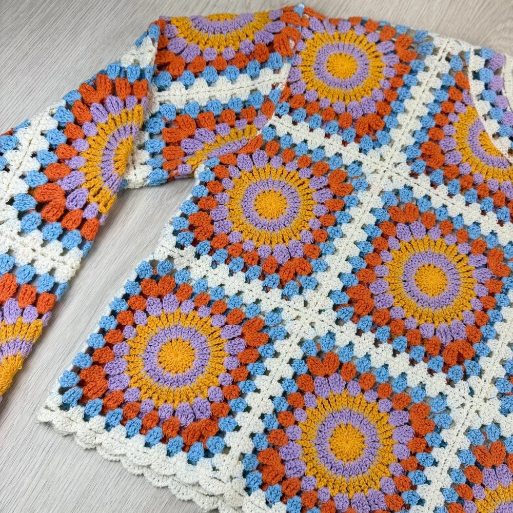 Sincerely Jules Women‎ Crochet Granny Square Crop Sweater Multi Color Boho Small
